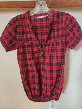 Urban Outfitters, Kimchi Blue Brand, Red & Black Plaid, Cotton Peasant Top
